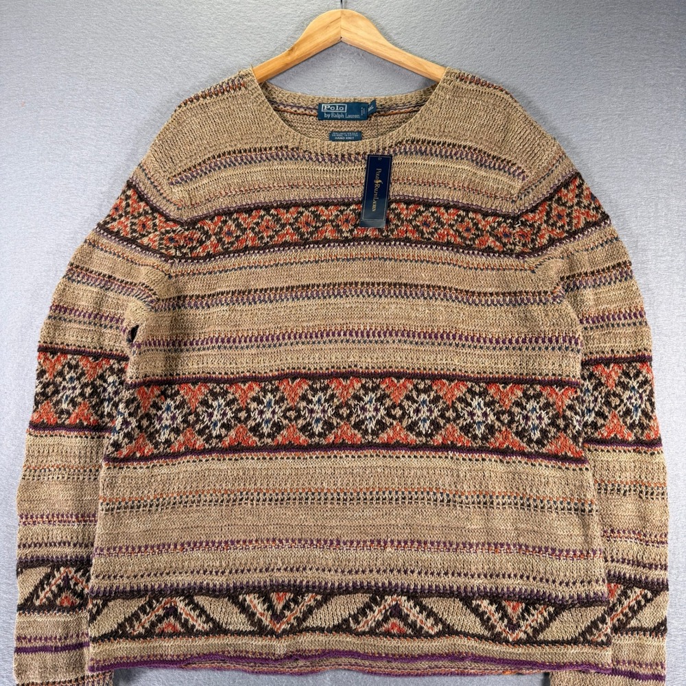 Polo Ralph Lauren XXL Knit Sweater Fair‎ Isle Linen Wool Silk Tan Beige